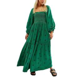Damenmode Bohemian Blumenkleid Quadratischer Ausschnitt Rüschen Swing A Linie Maxi Langarm Kleid, dunkelgrün, Medium von Gediffwer