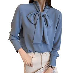 Gediffwer Damen Chiffon-Shirt, langärmelig, mit Schleife, elegante Bluse, blau, Large von Gediffwer
