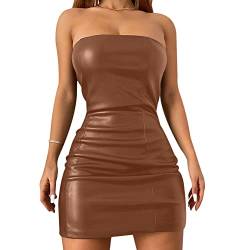 Gediffwer Damen Trägerloses PU Leder Kleid Off Shoulder Bodycon Party Sexy Minikleid, braun, L von Gediffwer