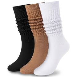 Geebuzz Knit Baumwolle Slouch Socken für Damen, extra lange Scrunch Kniehohe Stiefelsocken, 3 Stück: Schwarz, Weiß, Khaki, One size von Geebuzz
