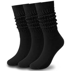 Geebuzz Knit Cotton Slouch Socken für Damen, extra lange Scrunch Kniehohe Stiefelsocken (3 Stück - Schwarz) von Geebuzz