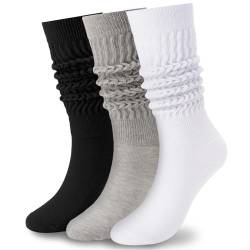 Geebuzz Knit Cotton Slouch Socken für Damen, extra lange Scrunch Kniehohe Stiefelsocken (3 Stück - Schwarz Grau Weiß) von Geebuzz