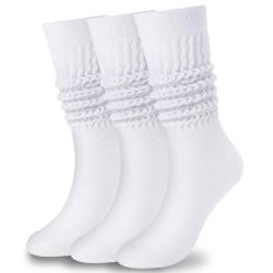 Geebuzz Knit Cotton Slouch Socken für Damen, extra lange Scrunch Kniehohe Stiefelsocken (3 Stück - Weiß) von Geebuzz