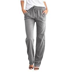 Gefomuofe Hose Damen Leinen Sommerhose Casual Leichte Baumwolle Leinenhose Stoffhose Sommer Freizeit Lang Hose Bequeme Luftige Freizeithose Strandhose Mit Taschen Kordelzug von Gefomuofe