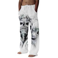 Gefomuofe Leinenhose Herren Slim Fit Sommerhose Freizeithose Totenkopf Print gedruckte-Taillentasche Sommerhose Lace Up Pants Freizeithose Leichte Atmungsaktiv Lang Jogginghose von Gefomuofe