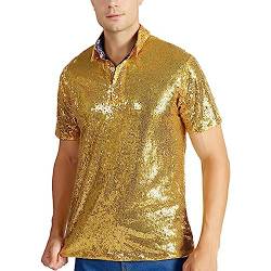 Herren Pailletten-T-Shirt Disco Hemd 70er 80er Jahre Kostüm Motto Party Hippie Silvester Karneval Fasching Sliber Gold Schwarz Kurzarm Turndown Sparkle Nachtclub Party Polo T-Shirt Tops von Gefomuofe