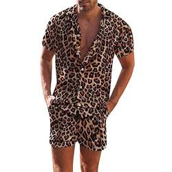 Leopard Print Gedruckt Set Hawaii Hemd Kurze Hose Set mit Tropische Druck Sport Set Kurzarm T-Shirts + Kurze Hose Sets Atmungsaktive Lose Freizeitanzug Sommer Beach Freizeithemden von Gefomuofe