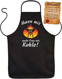 Grill-Schürze Mann mit Grill sucht Frau mit Kohle BBQ Fun Koch-Schürze geil bedruckt Geschenk-Set mit Grillmeister-Urkunde von Geile-Fun-T-Shirts