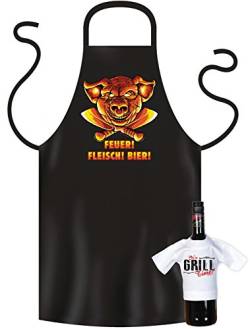 Grillschürze für Männer - Feuer Fleisch Bier - Grill Koch Küchenschürze Schürze Männer Geschenke Set geil bedruckt mit Mini Flaschenshirt (ohne Flasche) von Geile-Fun-T-Shirts