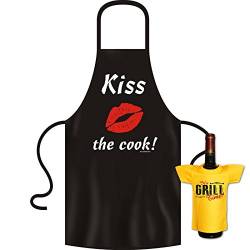 Kochschürze Männer - Kiss the Cook - Grill Koch Küchenschürze Schürze Männer Geschenke Set geil bedruckt mit Mini Flaschenshirt (ohne Flasche) von Geile-Fun-T-Shirts