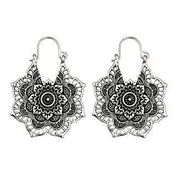 Geilisungren Damen Ohrringe Retro Boho Stil Silberne Gypsy Indian Tribal Ethnic Hoop Baumeln Mandala Blumen Ohrhänger (Silver) von Geilisungren