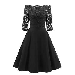 Geilisungren Damen Vintage 1950er Spitzenkleid Cocktailkleid Elegante High Waist Blumen Spitzen Patchwork Abendkleid Frauen Schulterfrei 3/4 Arm Swing Rockabilly Kleider Knielang von Geilisungren