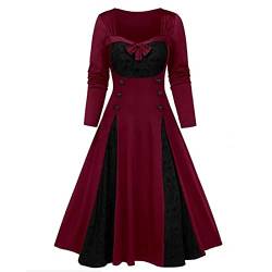 Geilisungren Damen Vintage Punk Party Spitze Patchwork Schnüren Knielang Kleid Gothic 50er Jahre Rockabilly Swing Dress Elegante Abend Ball Prom Cocktailkleid Große Größen (Rot, XL) von Geilisungren