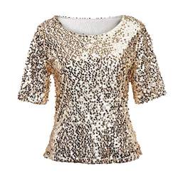 Geilisungren Glitzer Oberteile Damen Elegant Tshirt Mit Aufdruck Festliche Blusen Damen Zur Hochzeit Gold Shirt Pailletten Elegant Sequin Tunika Kurzarm Rundhals Sommer Lose Basic Top Hemd von Geilisungren