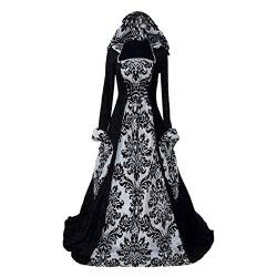 Geilisungren Schottisches Kleid Für Frauen Mittelalter Dinner Medieval A Linie Hohe Taille Blumen Boho Gestuftes Sommerkleid 2023 Hooded Swing Dress Print Retro Long Sleeve Tie Waist Cosplay-Kostüm von Geilisungren