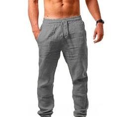 Gellmall Herren-Hose, Baumwolle, Leinen, Sommer, große Größe, lässig, mit Taschen, Kordelzug, lockere Hose, leicht, atmungsaktiv, M-5XL, Grau, 4XL von Gellmall