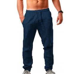 Gellmall Herren-Hose, Baumwolle, Leinen, Sommer, lässig, mit Taschen, Kordelzug, lockere Hose, Strand, leicht, atmungsaktiv, S-5XL, Marineblau, 58 von Gellmall