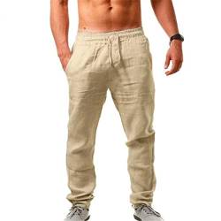 Gellmall Herren-Hose, Baumwolle, Leinen, Sommer, lässig, mit Taschen, Kordelzug, lockere Hose, Strand, leicht, atmungsaktiv, S-5XL, kaki, L von Gellmall