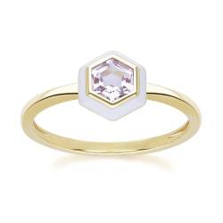 Geometrischer Sechskant-Ring aus vergoldetem Sterlingsilber mit rosa Amethyst und weißer Emaille, Edelstein, Rosa Amethyst von Gemondo