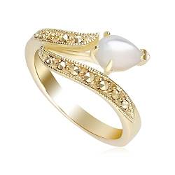 Jugendstil-inspirierter Ring aus 18 Karat vergoldetem Silber mit Perlmutt und Markasit, Edelstein, Perle von Gemondo