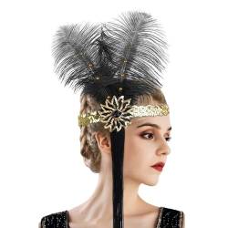 1920er Jahre Damen Feder Flapper Bunt Stirnbänder Schwarz Feder Kristall Stirnband Vintage Flapper Kopfbedeckung Thema Cocktail Haarschmuck 20er Jahre Abschlussball Karneval Party (Gold, One Size) von Generic