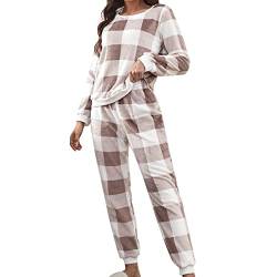 2023 New YH- Damen 2-teilig Verdickte Warm Flanell Lang Pyjama Set Plüsch Herbst Winter Nachtwäsche Fleece Zweiteilige Nachtwäsche Baumwolle Pyjama für Frauen Langarm, khaki, 36 von Generic