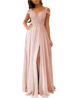 2024 Lange Spitze Applikation Brautjungfernkleider V-Ausschnitt kalte Schulter formelle Abendballkleider Blush Pink M von Generic
