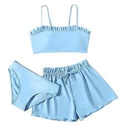 3 Stück Bikini Set Mädchen Teenager 3 teiliges Einfarbige Badeanzüge Rüschen Bikinioberteil mit Triangel Bikinihose und Shorts Mädchen Biniki Set für 8-16 Jahre Bikini Mädchen Badeanzug von Generic