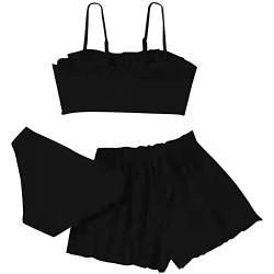 3 Stück Bikini Set Mädchen Teenager 3 teiliges Einfarbige Badeanzüge Rüschen Bikinioberteil mit Triangel Bikinihose und Shorts Mädchen Biniki Set für 8-16 Jahre Bikini Mädchen Badeanzug von Generic