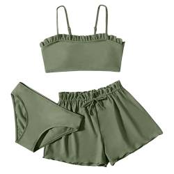 3-teilige Badeanzüge für Mädchen Bikini Set für Mädchen Badeanzug Mädchen Bikini Sets Kinder Einfarbige Rüschen Badeanzüge Rückenfrei Top+Triangel Bikinihose+Shorts für 8-16 Jahre (AG, 12-14 Jahre) von Generic