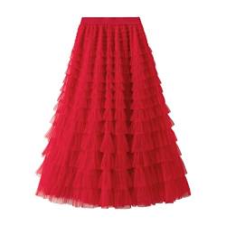 A-Linie Faltenrock für Damen, Langer Tutu-Rock, Rüschen, Mesh, Vintage, Wadenlänge, Chiffon, hohe Taille, Blasenrock Dunkelgrau Damen Strick Spitzen (Red, M) von Generic