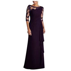 Abendkleid Damen Elegant Spitze Patchwork Cocktailkleid Einfarbige Bodenlanges Maxikleid Rundhals Mittelarm Ballkleid Reißverschluss Rüschensaum Partykleid Schlank Brautkleid Hochzeitskleid von Generic