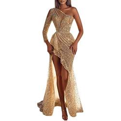 Abendkleid Damen Lang Gold - Sexy Glitzerkleid Curvy Partykleid Elegant Hochzeit Abendkleider Langarm Cocktailkleid Meerjungfrau Kleid One Shoulder Mit Schlitz Kleider Festlich Pailettenkleider von Generic