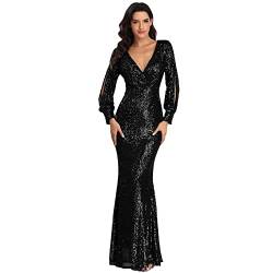 Abendkleid Langarm Pailletten Damen Abendkleider Elegant für Hochzeit Cocktailkleid Ballkleider Rückenfrei Etuikleid Ballkleider Maxilang,Black,L(Bust:96 von Generic