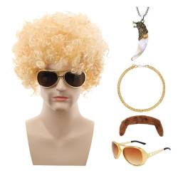 Afro Wig Black Men Women, 5PCS 70s Outfit Wig, Afro Shaggy Wig, 70s 80s Hippie Costume Accessory Set With Wig, Mustache, Hip-Hop Chain, Sunglasses, Necklace, Mens 70s Costume Wig Accessoires von Generic