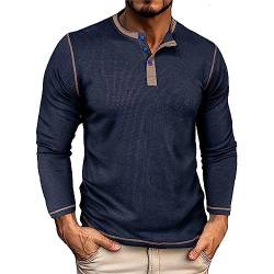 BBring Henley Shirt Herren Langarm Herrenmode Frühling und Herbst Casual Langarm Knopf einfarbig Langarm T-Shirt Top Vintage Pullover Herren (YB-Blue, L) von Generic