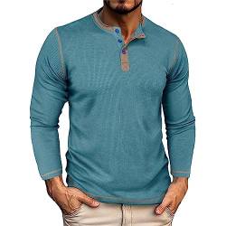 BBring Henley Shirt Herren Langarm Herrenmode Frühling und Herbst Casual Langarm Knopf einfarbig Langarm T-Shirt Top Vintage Pullover Herren (YB-Light Blue, L) von Generic