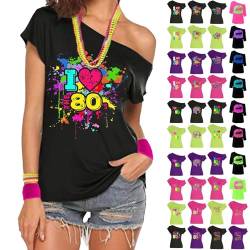 BBring T-Shirt I Love The 80's,Karneval Kostüm Damen,80er Jahre T-Shirts Damen I Love The 80s Shirt Kurzarm Retro Fancy Dress Party Tees Pop Star Tops(Black, L) 80er Jahre Outfit Damen von Generic