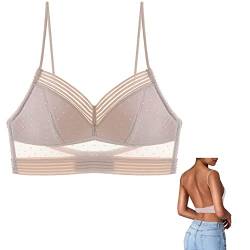 BH für Tiefen Rückenausschnitt Damen Spitzen BH Push Up Sexy U-förmiger Lifting-BH Komfort Bralette Ohne Bügel V-Ausschnitt Bustier Rücken-BH Unterwäsche (01 Beige, M) von Generic