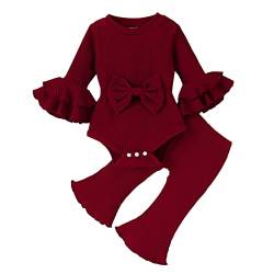 Baby Mädchen Langarm gerippter Bowknot Strampler Bodysuit Rüschen Schlaghosen Hosen Outfits niedliche Kleidung Set (RD2, 0-3 Months) von Generic