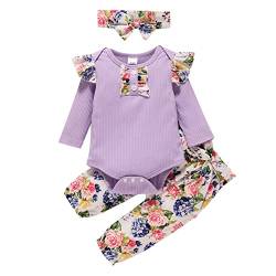 Baby Neugeborenes Mädchen Jungen Frühling Herbst Blumen Langarm Hosen Stirnbänder Strampler Bodysuit Set Outfits Kleidung Kostüm Haarschmuck für Babys (Purple, 0-6 Months) von Generic