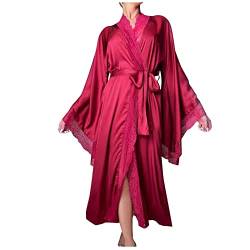 Bademantel Damen Lang Leicht - Morgenmantel Damen Satin-Kimono Langarm Spitze-Saunamantel Große Größen Schlafanzüge Mit String Nachtwäsche Robe Hausmantel Mit Gürtel Für Braut,Party,Hochzeit von Generic