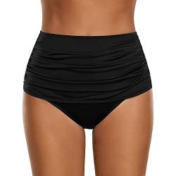 Badeshorts Damen Bauchweg High Waist Bikinihose Schwarz Retro Ruched Badehose Bikini Hosen Badeanzug Slip Klassische Bikini Unterteil Bikinislip für Frauen (C-Black, XXL) von Generic