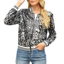 Baseball Jacke Damen Pailletten Reißverschluss Langarm Jacken Blazer Sakko Pailletten Blazer Jacke Elegant Kurz Sakko Rave Party Outwear Blazermantel Bomberjacke Bikerjacke Übergangsjacke von Generic