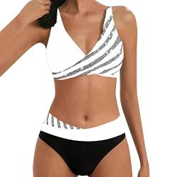 Bikini Damen GroßE Brüste Bauchweg Bademode Zweiteiliger Push Up Sexy Farbblockdruck Brustpolster Swimsuit Set Frauen Bikini Set Knot Triangel Bikini Swimsuit Low Rise Bademode (f-White, L) von Generic