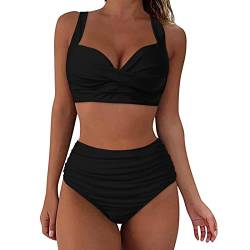 Bikini Damen Set Bauchweg Zweiteilige Badeanzüge Twist Front Sexy Push Up Oberteil Mit Badeshorts Hoher Taille Schwarz Schwimmanzug Swimsuit Vintage Badeanzug mit Plissiert Bikini-Sets Für Damen von Generic