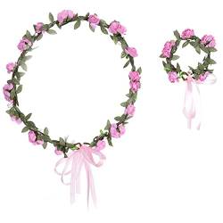 Blumenkranz Blume Krone Stirnband, Rose Braut Haarschmuck mit Armband-Set, Blumenstirnband Verstellbarer Gürtel, Haarbänder Floral Girlande, für Damen Hochzeit Zeremonie Festival Party Strand,Rosa von Generic