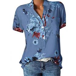 Blusen & Tuniken für Damen Bluse Kurzarm V-Ausschnitt Hemdbluse Sommer Shirt Blumen Knopfleiste Tunika Tops Oversize Locker Oberteil Longshirt Hemd (Blau, 5XL) von Generic