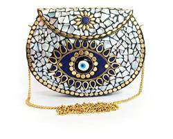 Böser Blick Retarder Mosaik MOP Clutch Metall Tasche Geschenk für sie Handgefertigte ethnische Abendtasche Damen Tasche (perlweiß), Schwarz , MEDIUM von Generic