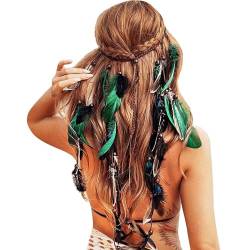 Boho Feder Stirnband Damen Vintage Kopfschmuck Hippie Indische Kopfkette Festival Haarschmuck Böhmische Pfau Stirnband Hippie Boho Indiäner Stirnbänder Headwear Weben Lieblings (Green-e, One Size) von Generic